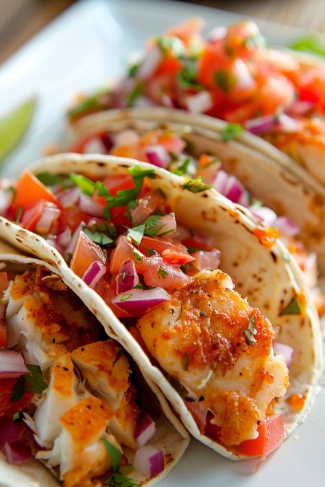 Explore the perfect balance of flavors with this easy and healthy fish taco recipe. These delicious fish tacos are not only simple to make but also a crowd-pleaser at any gathering. Elevate your taco night with crispy fish, fresh veggies, and a zesty sauce all wrapped in warm tortillas. Whether you're a seafood lover or simply looking for a new favorite recipe, these fish tacos are sure to impress! Try this flavorful dish today and transform your dinner game with these unforgettable flavors. Fish Tacos With Corn Tortillas, Essen, Deconstructed Fish Tacos, Fish Taco Ideas, Fish And Shrimp Tacos Recipes, Korean Fish Tacos, Sheet Pan Fish Tacos, Ww Fish Tacos Weight Watcher Recipes, Swordfish Tacos Recipes