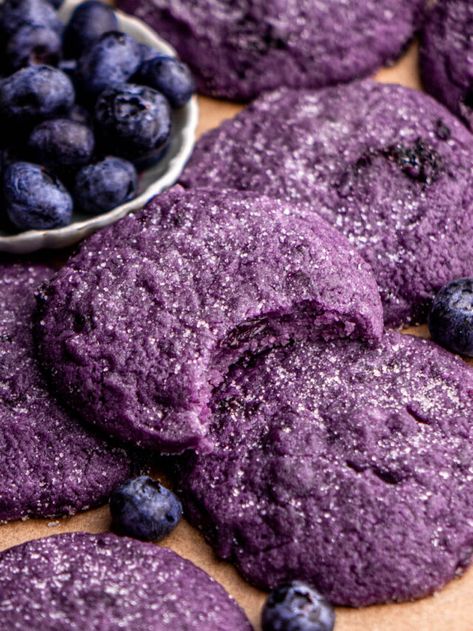 Baking Recipes With Blueberries, Purple Baked Goods, Chewy Blueberry Cookies, Purple Cookies Recipe, Blueberry Lavender Cookies, Cookie Recipes Blueberry, Creative Biscuit Ideas, Mixed Berry Cookies, Blueberry Cake Mix Cookies