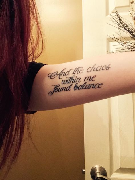 And the chaos within me found balance tattoo on my arm :) The Chaos Within Me Found Balance Tattoo, And The Chaos Within Me Found Balance, Tattoo Words, Tattoos 2024, Balance Tattoo, Arm Balance, Arm Balances, Tattoo Videos, Realism Tattoo