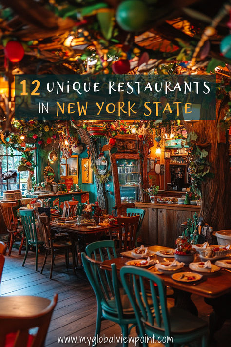 A cozy, eclectic restaurant filled with vibrant colors, quirky decor, and whimsical details that create a warm and inviting atmosphere, one of the best restaurants in NY state. New York Restaurants Aesthetic, New York Diner, New York Restaurants, Eclectic Restaurant, New York Restaurant, Restaurants In New York, Dinner Places, Places In New York, Cool Restaurant