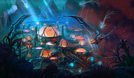 ArtStation - Underwater alien city, Ilija Mandic Underwater Alien Concept, Fantasy Underwater City Concept Art, Alien Beach Concept Art, Underwater Steampunk City, Alien City Art, Alien City Landscapes, Alien City Concept Art, Deep Sea City, Underwater City Concept Art