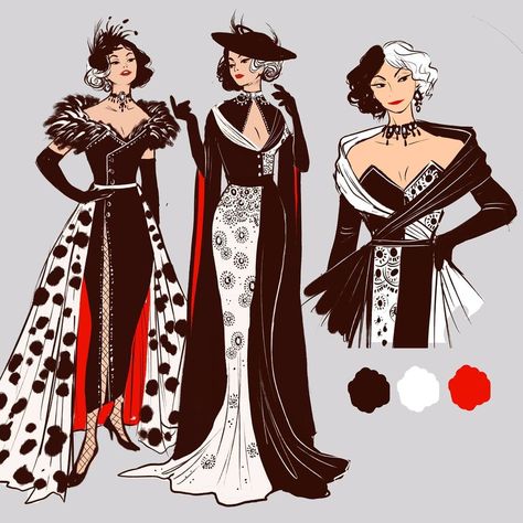 Hannah Alexander Artwork on Instagram: “A few Cruella outfit sketches! Channeling some 1950s glam. Still no idea how the final design is going to turn out 😭 I will definitely…” Hannah Alexander Artwork, Outfit Sketches, 1950s Glam, Hannah Alexander, Cruella Costume, Cruella Deville, Fashion Illustration Dresses, Fashion Design Sketches, Disney Villains