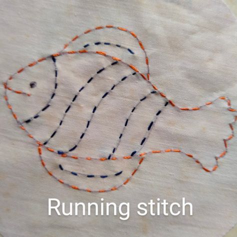 Fish is worked in two colours of running stitch. Running Stitch Embroidery Patterns, Running Stiches Embroidery Patterns, Easy Stiching Designs, Running Stiches Design, Whipped Running Stitch Design, Running Stitch Embroidery Motif, Running Stitch Embroidery Design Ideas, Running Stitch Embroidery Design, Embroidery Running Stitch