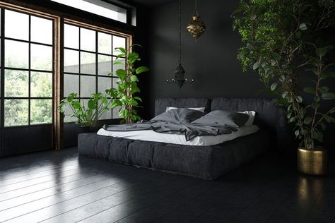 BREAK THE TABOO! Should You Paint Your House With Black? Calm Architecture, Architecture Bedroom, Meditation Place, Dark Interior Design, Black Bedroom Design, Black Bedroom Decor, Big Bed, Black Rooms, Paint Your House