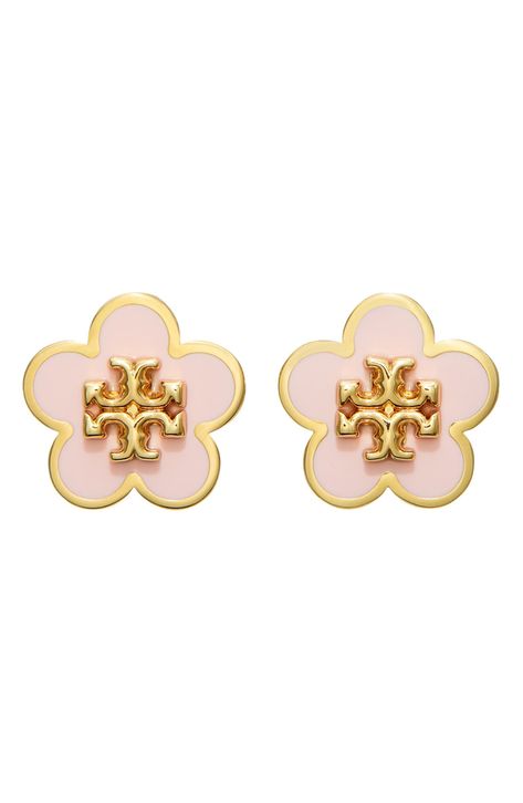 Pink And Gold Earrings, Light Pink Earrings, Earring Stacks, Gold Orchid, Signature Logo Design, Preppy Jewelry, Tory Burch Earrings, Cute Stud Earrings, Tory Burch Kira