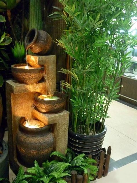 Relaxing Indoor Fountain Ideas (17) Fountain Ideas, Kolam Koi, Taman Air, Indoor Water Features, Indoor Water Fountains, نباتات منزلية, Indoor Fountain, Garden Fountain, Massage Room