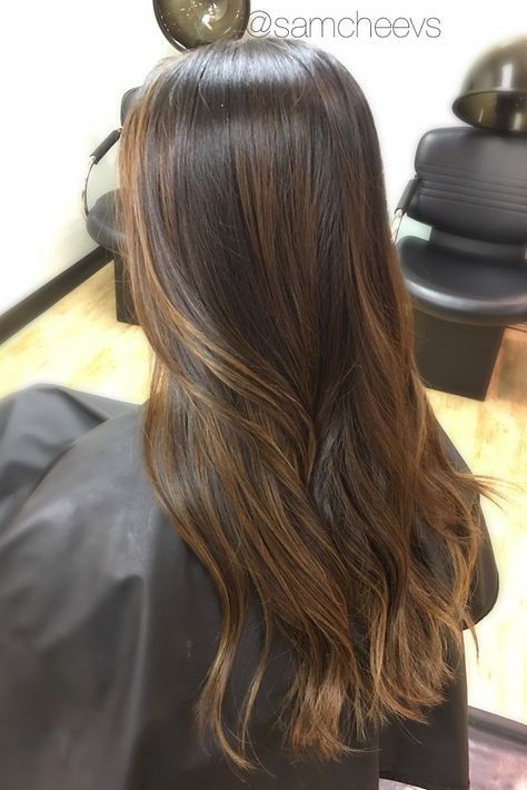 Best Highlights For Asian Hair, Asians With Highlights Black Hair, Asian With Brown Highlights, Sun Kissed Balayage Black Hair, What To Dye Black Hair, Balyage For Black Hair, Black Hair With Brown Highlights Asian, Babylights Asian Hair, Streaks For Black Hair