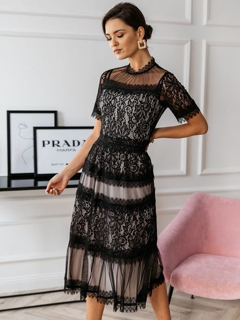 SUKIENKA KORONKOWA MIDI CZARNA CRISTINA BUTIK PERLA Sukienki Maksi, Classy Dress, Lace Dress, Short Sleeve Dresses, Dresses With Sleeves, Black Dress, My Style, Lace, Clothes