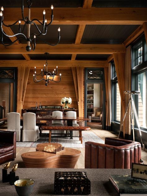 Upper Saranac Lake - Shope Reno Wharton Dining Room Design Board, Modern Mountain Lodge, Shope Reno Wharton, Modern Rustic Cabin, House Columns, Clubhouse Design, Boutique Hotels Design, Saranac Lake, Chalet Design