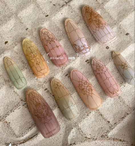 The line skills!! #glasswindownails Stainglass Nail Art, Stain Glass Nail Art, Line Work Nails, Nails With Lines, Stained Glass Nail Art, Stained Glass Nails, Dainty Nails, Glass Nail Art, Glass Nails Art