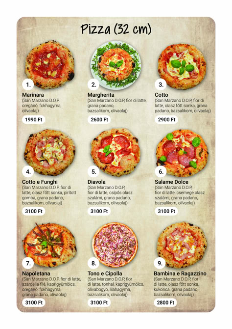 Nápolyi Pizza Pizza Menu Ideas, Types Of Pizza Names, Pizzeria Menu Ideas, Pizza Menu Design Ideas Graphics, Pizza Menu Design, Pizza Variety, Italian Pizza Recipe, Types Of Pizza, Pizza Style