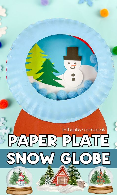 Paper Plate Snow Globe Craft - In The Playroom Snowman Paper Plate Craft, Paper Plate Snowman Craft, Paper Snowglobe Craft, Winter Art Projects For Kindergarten, Paper Plate Christmas Crafts For Kids, Christmas Paper Plate Crafts, Paper Plate Snow Globe, Paper Snow Globe, Paper Plate Christmas Crafts