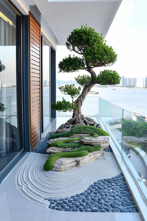 30 Elegant Balcony Garden Designs with Minimalist Appeal Balcony Ideas With Plants, Japan Balcony, Japanese Balcony Garden, Art Moderne Interior Design, Modern Minimalist Garden, Japanese Balcony, Elegant Balcony, Balcony Garden Design, Modern Balcony Design