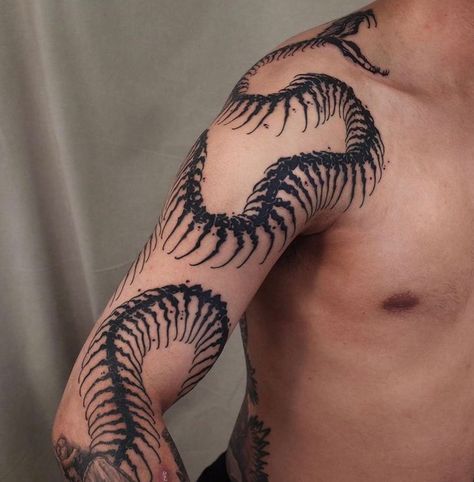 Large Arm Tattoos Men, Forest Creature Tattoo Sleeve, Cobra Skeleton Tattoo, Centipede Flower Tattoo, Snake Skeleton Tattoo Arm, Snake Skeleton Spine Tattoo, Skeletal Snake Tattoo, Mushroom Neck Tattoo, Full Body Snake Tattoo