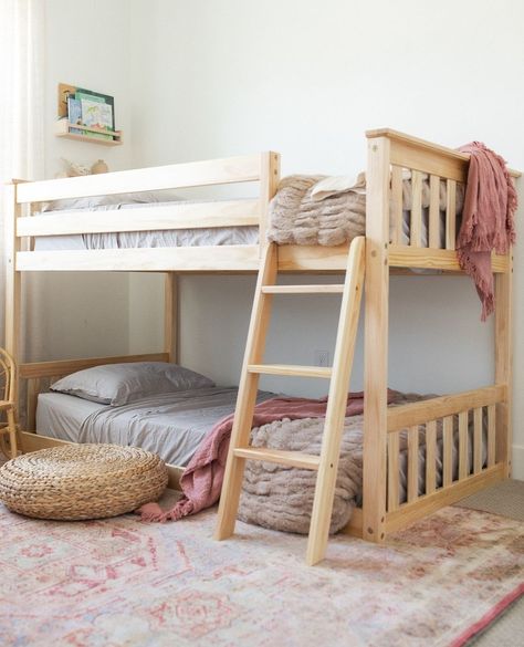 "How do I know if a low bunk is right for my little one?"⁠ .⁠ Here are some reasons a low bunk is right for you and your family:⁠ ⁠ - You're looking to maximize a small space.⁠ - Your child is on the younger side and isn't quite ready for the height of a traditional bunk bed.⁠ - You want some extra fun features like slides and curtains.⁠ ⁠ Read more about our Low Bunks here: https://shorturl.at/SUyst⁠ .⁠ Room by: @kayandcrew⁠ .⁠ #mymaxandlily #bunkbeds #girlsroominspo #girlsroomdecor #bohosty... Bed Frame For Kids, Low Bunk Bed, Girl's Rooms, Solid Wood Bunk Beds, Low Bunk Beds, Bottom Bunk, Big Kid Bed, Cool Bunk Beds, Wood Bunk Beds