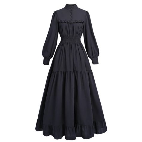 PRICES MAY VARY. FEATURES: The black gothic victorian dress features high necklines, long sleeve, ruffle details and hemline.The smocked waist enhances the Victorian rococo dress, making it suitable for plus size women. Featuring functional buttons on the front and sleeve cuffs, this womens victorain dress is not only elegant but also easy to put on and take off. COTTON FABRIC: The black renaissance dress is made of 100% cotton. It is soft, breathable and skin-friendly. It maybe a a little wrink 1910 Black Dress, Modest Witch Costume, 1800’s Dresses, Poor Victorian Clothes, Simple Goth Fashion, Victorian Witch Costumes, Modest Black Dresses, Dark Victorian Dress, Handmaiden Dress