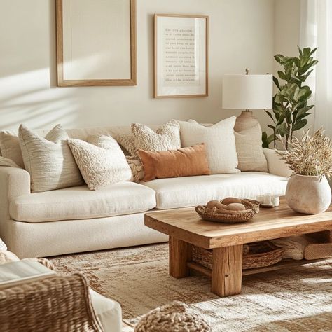 Can you believe this is AI? A cozy living room with neutral colors. Whites And Woods Living Room, Light Wood Living Room Decor, Cozy Warm Living Room Design, Light And Airy Decor, Comfy Modern Living Room, Cream Colored Couch, White And Brown Living Room, Warm Minimalist Living Room, Off White Living Room