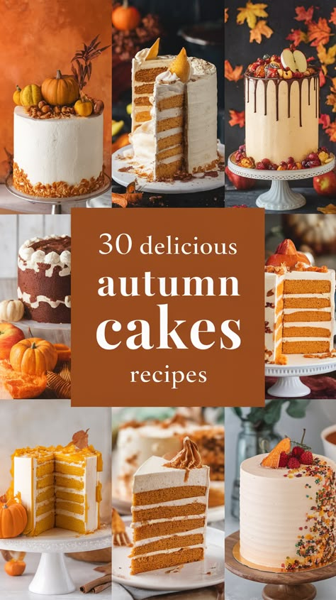 Discover a world of cake inspiration with our collection of 30 delicious cakes perfect for the fall baking season. From classic seasonal treats to innovative twists. these cakes will satisfy your cravings and warm your soul. #autumncakes #deliciouscakes #fallbaking #seasonaltreats Autumnal Cake Recipe, Fall Lemon Cake, Fall Themed Cake Flavors, Pumpkin Cake Using Yellow Cake, Filling For Spice Cake, Fall Birthday Cake Recipes, Thanksgiving Cake Flavor Ideas, Best Thanksgiving Cakes, Fall Cakes Flavors