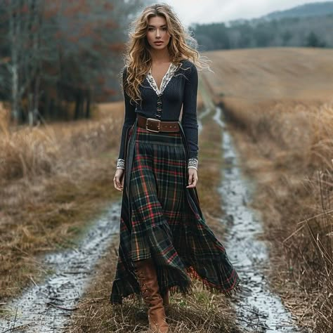 Long Sleeve Plaid Dress, Scottish Dress, Linen Dress Pants, Elegant Bohemian, Maxi Long Dress, Dress Photo, Western Clothing, Maxi Styles, Velvet Fashion