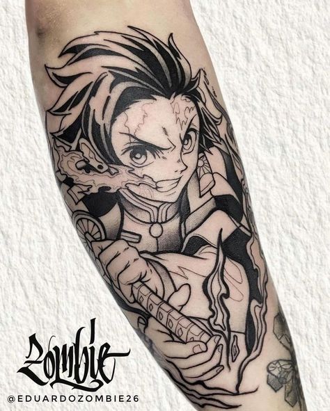 Demon Slayer Back Tattoo, Tanjiro Tattoo Ideas, Demon Slayer Tanjiro Tattoo, Demon Slayer Tattoo Ideas, Demon Slayer Tattoo, Slayer Tattoo, Avatar Tattoo, Zombie Tattoos, Forearm Band Tattoos