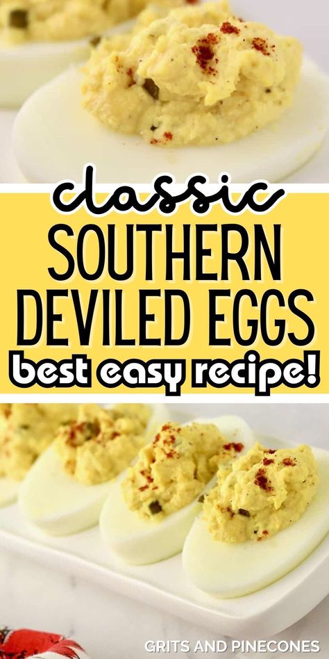 Add these southern deviled eggs as a side dish at your next BBQ! They are creamy, rich in flavor, and the special secret ingredient makes them even more tasty! Deviled eggs are such a popular side dish or appetizer at parties that they can be served for summer picnics, potlucks, or even casual lunches and dinners at home! Deviled Eggs Presentation, Sunflower Deviled Eggs, Deviled Eggs Football, Egg Side Dishes, Deviled Eggs Recipe With Pickles, 1950 Food, Southern Deviled Eggs Recipe, Deviled Eggs Recipe Best, Deviled Egg Recipes