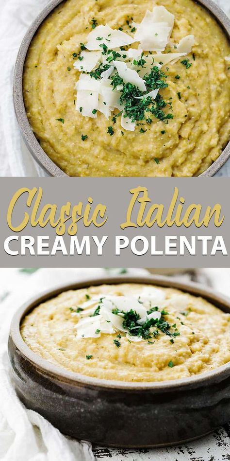 Creamy Polenta Recipe with Parmesan Cheese - This delicious Italian classic recipe for polenta is incredibly creamy and finished with butter and parmesan cheese for an unbelievable side dish recipe. #polenta #italian #italianrecipes #sidedishes Polenta Side Dish, Thanksgiving Polenta Recipes, Polenta Cheese Recipes, Polenta With Cheese, Parmesan Polenta Recipes, Instant Polenta Recipes, Chicken And Polenta Recipes, Cheesy Polenta Recipes, Creamy Polenta Recipes