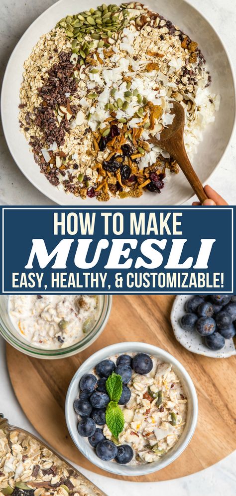 Muesli Recipe, Quick Vegetarian Meals, Summer Breakfast, Healthy Vegan Snacks, Homemade Muesli, Filling Breakfast, Vegan Snacks, Healthy Breakfast Recipes, Healthy Snacks Recipes