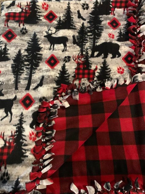 Great outdoor deer and bear pattern with a black and red color plaid back. Handmade fleece tie blanket that is very soft to cozy up with. 65in by 52in Cute Tie Blankets Pattern, Homemade Blanket Ideas, Knot Tie Blanket, Diy Christmas Blanket, Cute Tie Blankets Ideas, Tie Knot Blanket Ideas, Christmas Tie Blankets, Knot Blanket Fleece, Tie Blanket Ideas