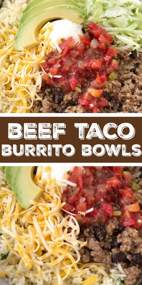 Beef Taco Burrito Bowls | Mexican Food | Dinner Recipe | Burrito Bowls | Beef taco burrito bowls are so easy to make at home! Seasoned beef taco meat with black beans, layered with rice, and all the taco toppings you want. Everyone can make their own for a fun, quick & easy, and delicious dinner. #dinnerrecipes #recipeoftheday #mexicanfood #burritobowls #groundbeef Mexican Food Dinner, Beef Taco Meat, Taco Burrito, Taco Toppings, Beef Taco, Ground Beef Dishes, Burrito Bowls, Hamburger Meat Recipes, Ground Beef Recipes For Dinner