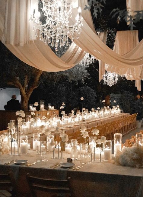 Wedding Aisle Between Tables, Candle Aesthetic Wedding, Tall Floor Candles Wedding, Romantic Wedding Candle Decor, Wedding Reception Chandeliers, Romantic Luxury Wedding, Candles Decoration Wedding, Intimate Evening Wedding, Candle Isle Decor Wedding