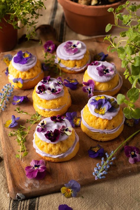 Vanilla and Pansy Fairy Cakes with Lavender Buttercream — Under A Tin Roof™ Lavender Pastry, Pansy Dessert, Fairy Breakfast, Pansy Cupcakes, Tea Fairy, Fairy Picnic Food Ideas, Desserts From Movies, Fairy Picnic Ideas, Fairy Tea Party Food Ideas