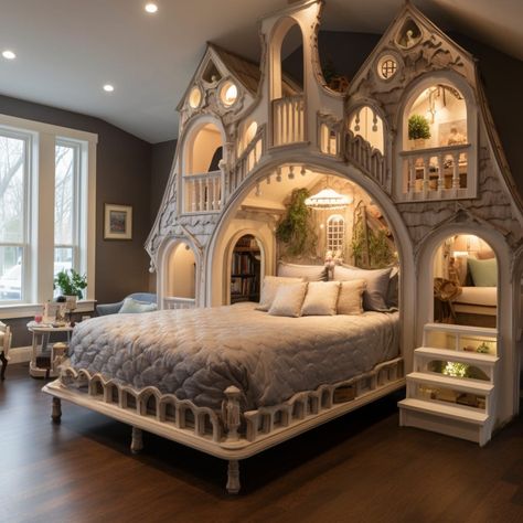 Adult sized bed shaped like a Victorian house at Lilyvolt com Castle Rooms Bedrooms, Coolest Beds, Heart Shaped Bed, Fun Beds, Princess Beds, Princess Castle Bed, Playhouse Diy, Bunk Room Ideas, Play Structures For Kids