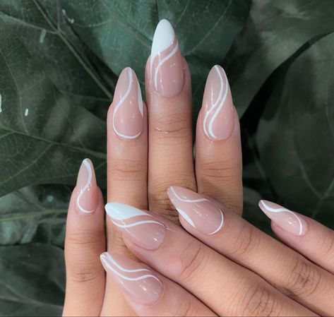 Simple Swirl Nail Designs, French Swirl Nail Designs, Swirl Nail Designs Almond, Almond Nails With Swirls, Swirly French Tip Nails, White Swirl Nail Designs, White Swirly Nails, Swirl Nails Almond, Swirl French Tip Nails