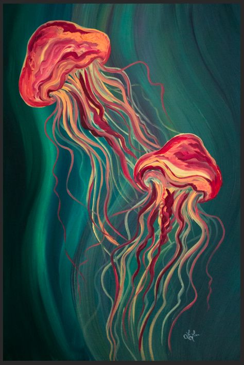 Jellyfish oil painting on canvas 2x3' Jellyfish Abstract Painting, Things To Paint Or Draw, Trippy Jellyfish Painting, Nice Canvas Paintings, Orange Jellyfish Painting, Abstract Painting Animals, Oil Pastel Animal Drawings, Ocean Creatures Painting, Jellyfish Oil Painting