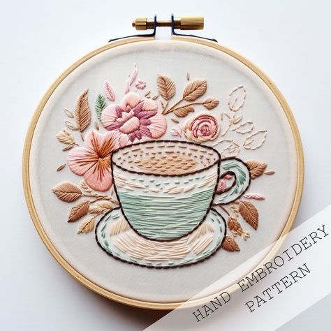 Tea Cup Embroidery, Tea Embroidery, Cup Embroidery, Coffee Embroidery, Tea Cozy Pattern, Water Soluble Paper, Simple Hand Embroidery Patterns, Floral Embroidery Patterns, Diy Embroidery Patterns