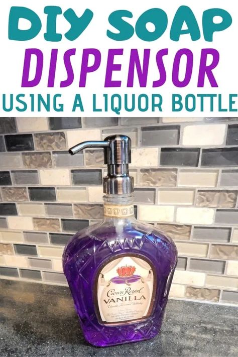 Whiskey Bottle Crafts, Diy Soap Dispenser, Old Liquor Bottles, Soap Dispenser Diy, Empty Liquor Bottles, Alcohol Bottle Crafts, Crown Royal Bottle, Dispenser Diy, Liquor Bottle Crafts