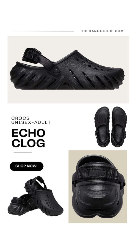 Elevate Your Style with super comfy Crocs Unisex-Adult Echo Clogs! Crafted from 100% Croslite and featuring an Ethylene Vinyl Acetate sole, these clogs offer a roomy fit. For a 1.5-inch height boost, size down for a taller stance. Experience iconic comfort with Croslite construction, LiteRide footbed, and heel pad. Easy to clean and backed by a 90-day warranty, these clogs blend fashion and function effortlessly. #ElevateWithEchoClogs Echo Crocs Outfit, Crocs Echo Clog, Echo Clog, Crocs Echo, Crocs Outfit, Mule Clogs, Black Outfit, Clogs, Fashion Inspo