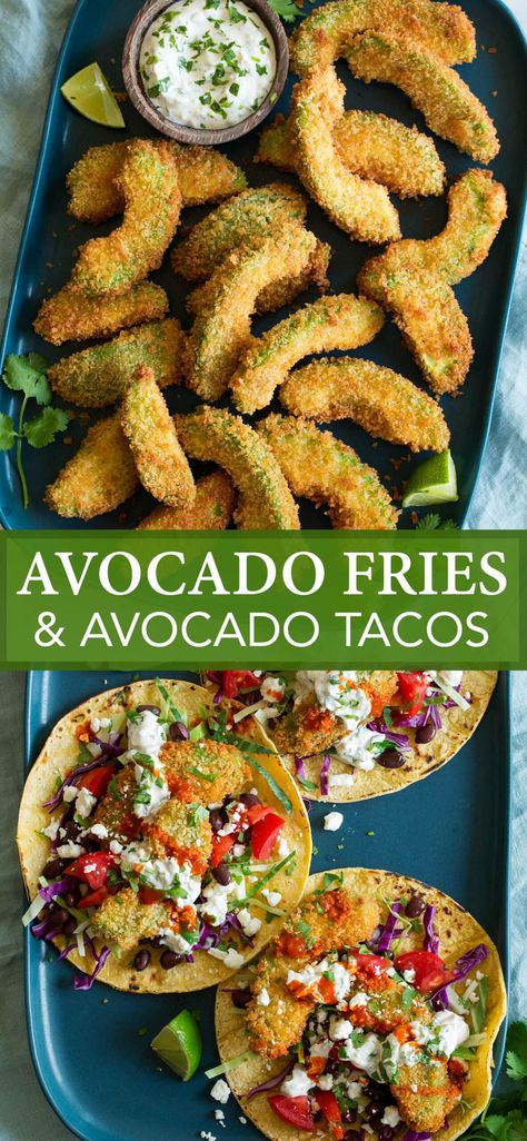 Baked Avocado Tacos, Vegan Fried Avocado, Fried Avacodo Fries, How To Use Avacodos, Avocado Dishes Easy, Crispy Avocado Tacos, Fried Avacado Recipes, Fried Avacodo Taco, Breaded Avocado Slices