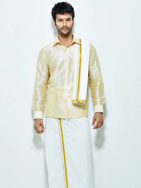 Superior cream color raw silk shirt comes with white color cotton dhoti and angavastram. Item Code : SCU12002-3 http://www.bharatplaza.com/new-arrivals/south-indian-mens-wear.html Veshti Sattai Men, Indian Wedding Outfits For Men Classy, Tamil Groom, Indian Wedding Outfits For Men, Pear Shaped Dresses, Pajama Men, Onam Outfits, Ethenic Wear, Indian Groom Dress