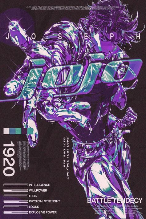 Dive into the vibrant world of "JoJo's Bizarre Adventure" with this bold, dynamic poster featuring Joseph Joestar from the "Battle Tendency" arc. This stunning piece captures the energy and charisma of Joseph, rendered in an eye-catching, retro-inspired style that combines modern and vintage aesthetics. A perfect addition for any fan of the JoJo series, this poster adds a unique and stylish touch to any space, ideal for collectors, anime lovers, or pop culture enthusiasts. High-Quality Print: Pr Jojo's Official Art, Quadeca Poster, Jojos Bizzare Adventure Poster, Battle Tendency Wallpaper, Jojo Art Wallpaper, Jojo Manga Art, Jojo Bizarre Adventure Poster, Annasui Narciso, Jojos Bizzare Adventure Manga