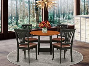 East West Furniture 5 Piece Sudbury Set with One Round Table and 4 Dinette Chairs with Faux Leather Seat in A Beautiful Black and Cherry Finish, Black & Cherry Modern Kitchen Chair, Fabric Dining Room Chairs, Dinette Chairs, Round Dining Room Sets, Round Kitchen Table, Round Dining Room, Dinette Tables, Solid Wood Dining Set, Dinette Sets