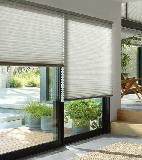 glass-door-window-coverings-duette-honeycomb-cellular-shades-hunter-douglas-skyline-window-coverings Shades For Sliding Glass Doors, Gallery Window, Blinds Vertical, Best Blinds, Door Coverings, Honeycomb Shades, Woven Wood Shades, Luxury Modern Homes, Cellular Shades