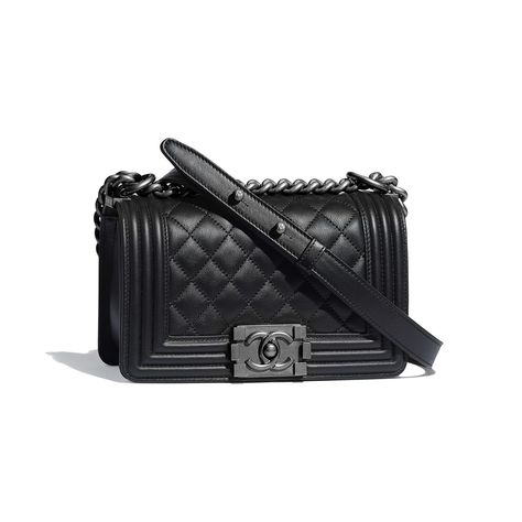 Calfskin & Ruthenium-Finish Metal Black Small BOY CHANEL Handbag | CHANEL Chanel Handbags Black, Boy Chanel, Moda Chanel, Chanel 19, Mode Chanel, Cheap Purses, Chanel Store, Small Boy, Perfect Handbag