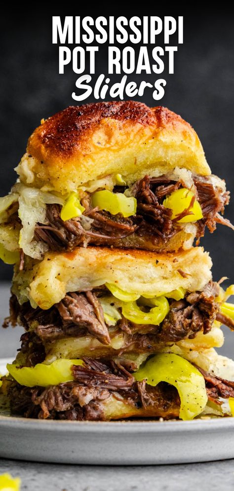 A stack of 2 Mississippi pot roast sliders on a white plate. Roast Sliders, Mississippi Recipes, Pot Roast Sliders, Mississippi Roast Recipe, Recipes Corn, Leftover Pot Roast, The Stay At Home Chef, Leftover Roast Beef, Mississippi Pot