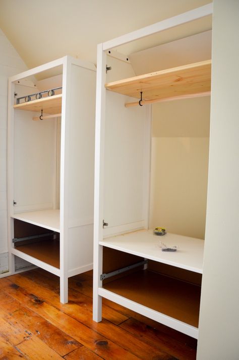 One last IKEA hack – Under New Management Billy Bookcase Wardrobe Hack, Billy Bookcase Closet Hack, Ikea Sundvik, Ikea Wardrobe Hack, Ikea Hallway, Ikea Billy Bookcase Hack, Small Bedroom Storage, Ikea Wardrobe, Ikea Closet