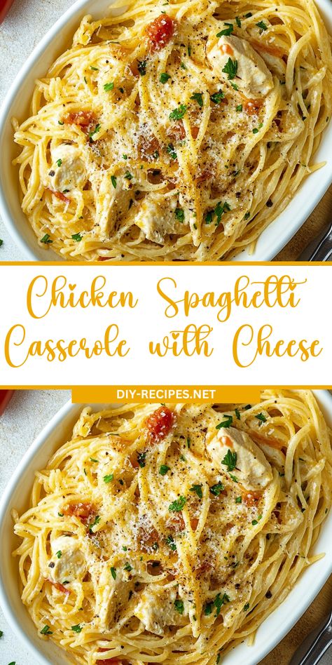 This chicken spaghetti casserole is loaded with sharp cheddar cheese, tender chicken, and creamy soup for the ultimate comfort food! Stove Top Chicken Spaghetti, Simple Chicken Spaghetti Recipe, Oven Chicken Spaghetti, Chicken Spaghetti Casserole Easy, Chicken Parm Spaghetti, Ground Chicken Spaghetti, Creamy Chicken Spaghetti Recipe, Best Chicken Spaghetti Recipe, Easy Chicken Spaghetti Recipe