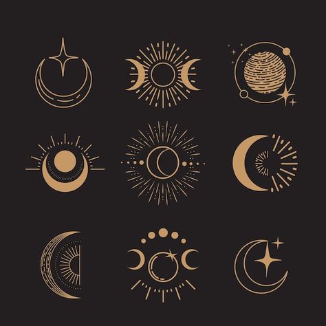 Vector celestial magic art mystical and ... | Premium Vector #Freepik #vector Simple Celestial Art, Celestial Symbols Art, Boho Symbols, Sun Line Art, Fantasy Tools, Celestial Symbols, Line Art Minimal, Celestial Magic, Moon Symbols