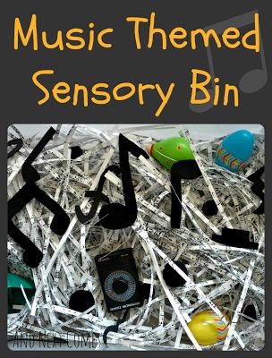 music sensory bin, ear, E, M, shredded paper is the base, N, note Preschool Music Theme, Preschool Music Activities, Music Activities For Kids, Sensory Tubs, Music Study, Sensory Ideas, Preschool Music, Sensory Overload, Music Appreciation