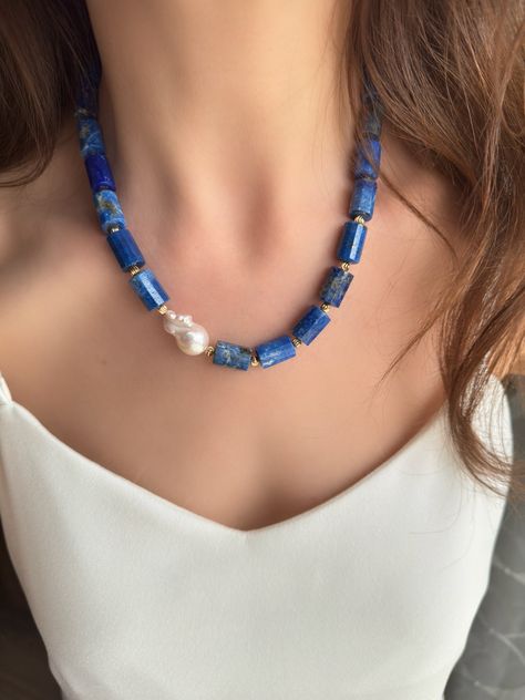 Lapis Lazuli and Baroque Pearl Necklace Handmade gemstone necklace is for you. Necklace is 18” Handmade Necklaces Beads Ideas, Button Jewellery, Pearl Necklace Handmade, Newspaper Art, Fancy Jewelry Necklace, Blue Stone Necklace, Lapis Jewelry, Baroque Pearl Necklace, Beading Ideas