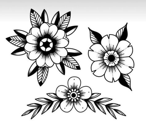 Traditional Flowers Drawing, Flower Tattoos Old School, Pegasus Tattoo Traditional, Trad Flower Tattoo Black, Old School Flowers Tattoo, Traditional Flowers Tattoo Design, Black Traditional Flower Tattoo, Flower American Traditional Tattoo, Old School Flower Tattoo Designs